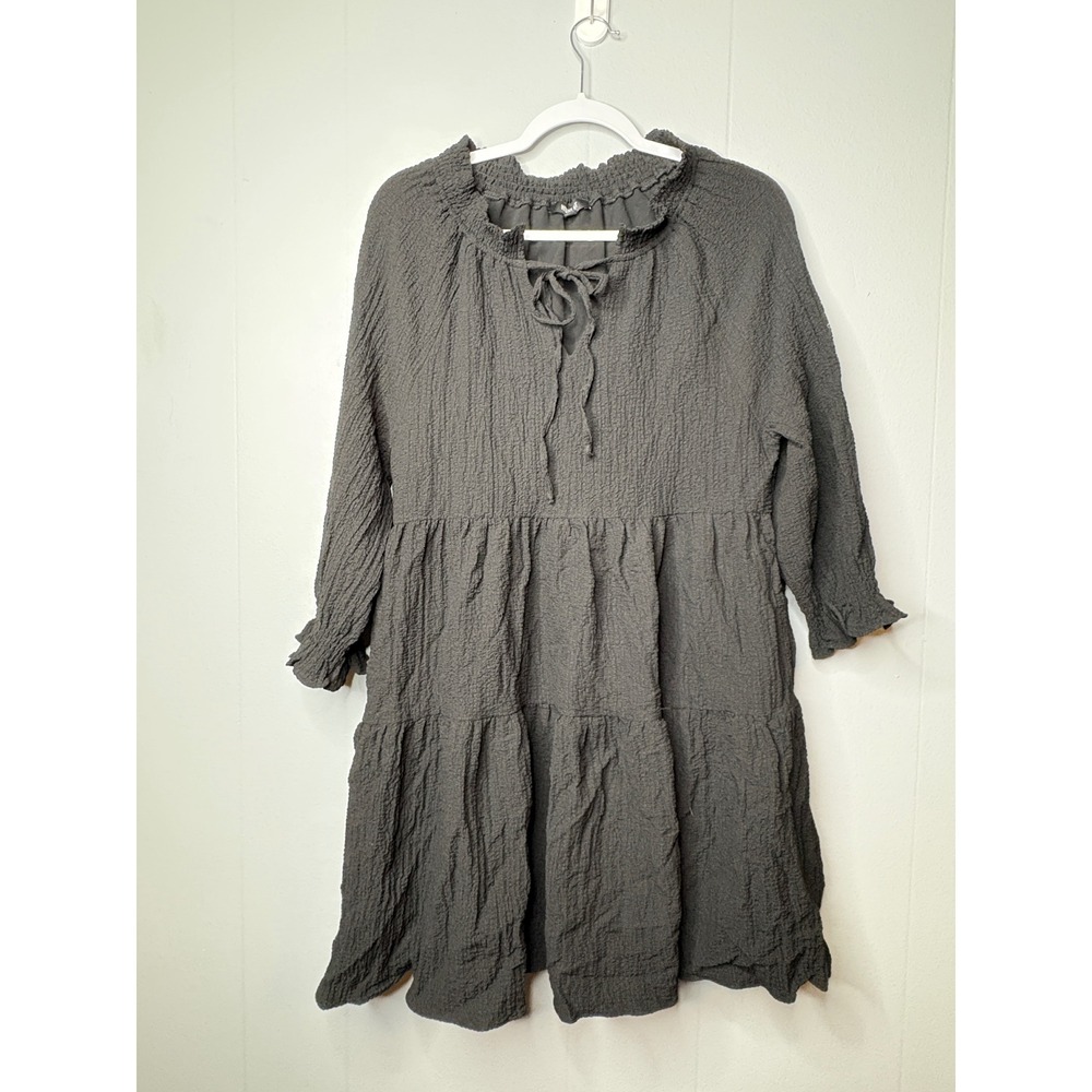 Wishlist Charcoal Black Tiered Babydoll Dress Smocked Tie Neck WL20-4103 Small